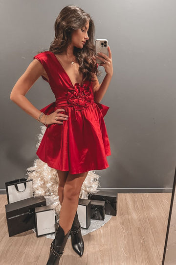 Red Deep V-neck Floral Bow Satin Short Homecoming Dresses HZ1023